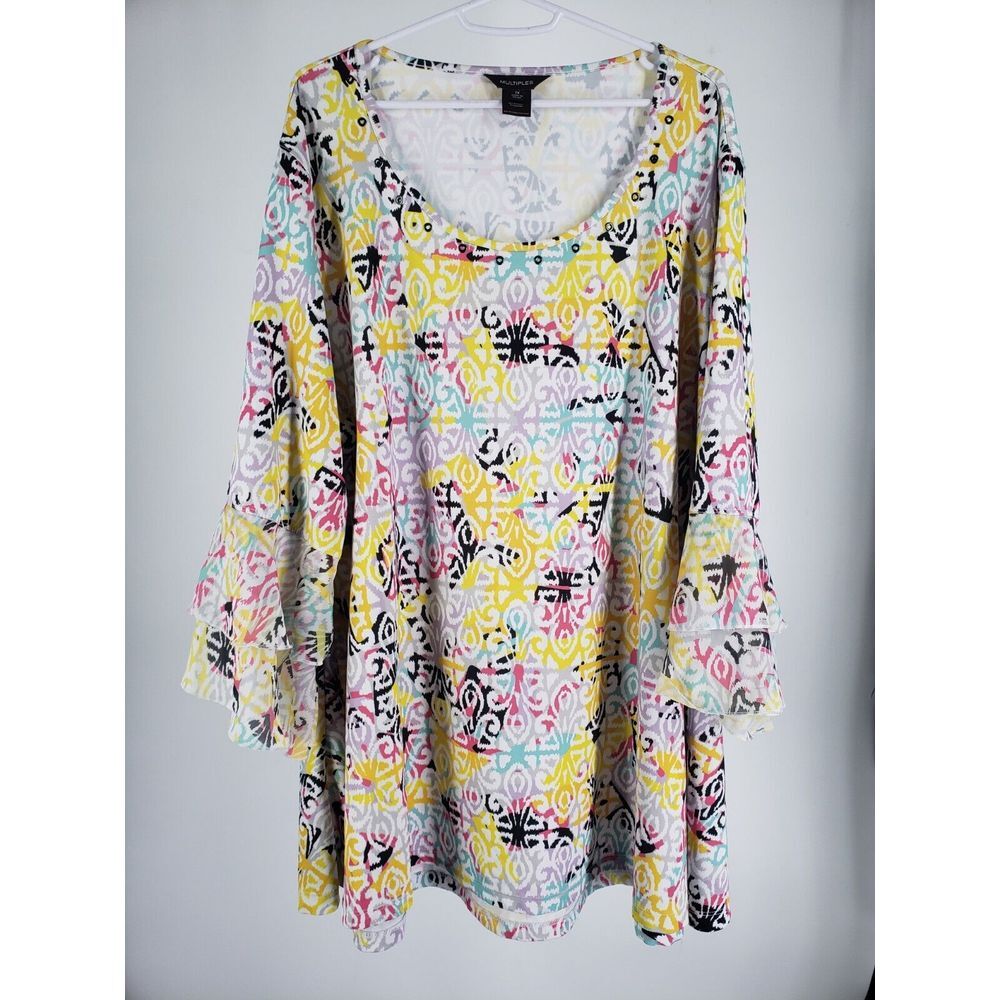 Multiples 3/4 Flounce‎ Sleeve Blouse Top Beautiful Work Size 1X Fleur De Lis